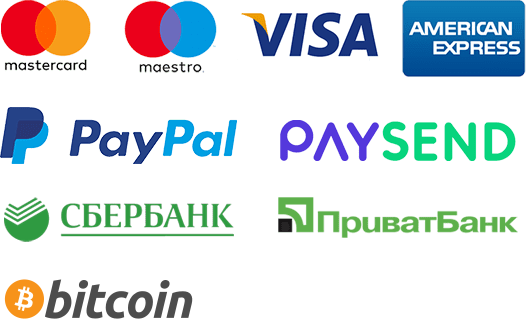 Master Card, Maestro, Visa, American Express, PayPal, Paysend, Sberbank, Privat Bank, Bitcoin